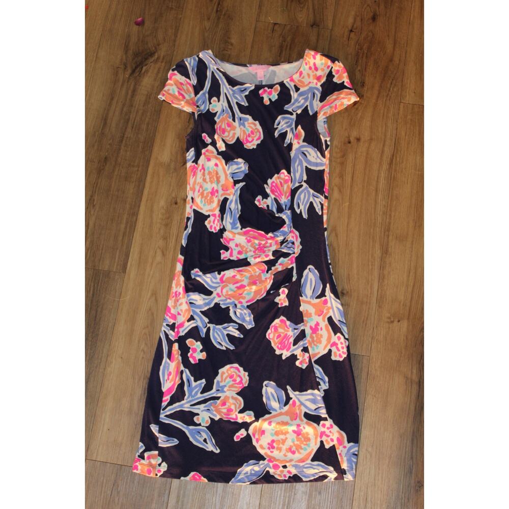 Lilly Pulitzer Kyra Midi Dress Navy Floral Cap Sleeve Ruched Size Small - Picture 3 of 5